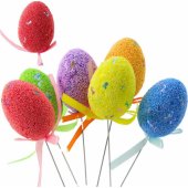 Easter Eggs on Wire Pick Colorful Notes Ribbon Decoration 6pcs