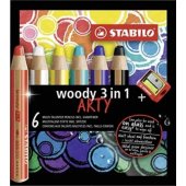 Stabilo Woody Arty 3 viename spalvoti pieštukai, 6 spalvų + drožtukas STABILO