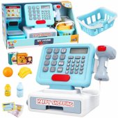 Interaktyvus kasos aparatas, skaitytuvas, krepšelis, maisto produktai, šviesos ir garsai