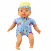 Lėlytė su mėlynais raštuotais drabužiais, kepurė su ausytėmis, 31 cm