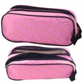 School Office Pencil Case with Two Compartments, Golden Hearts, Pink,