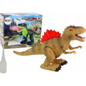 Ugnimi kvėpuojantis dinozauras, garai, šviesos, maitinamas baterijomis, rudas