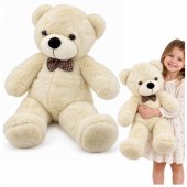 Plush Teddy Bear with a Plaid Bow – Cuddly Toy, Cream-White, 80 cm