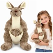 Plush Kangaroo Cuddly Toy with Joey – Beige, 30 cm
