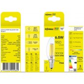 LED Филаментная лампа E14, C35, 6.5W, 950lm, 3000K, 360°