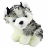 Haskis šuo krepšyje, pliušinis žaislas-mascotas, baltas ir pilkas