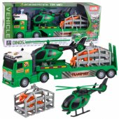 Dinozaurų transporto priemonių rinkinys: sunkvežimis, vilkikas, sraigtasparnis, šviesos, garsas