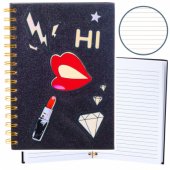 Notebook linijinis užrašų sąsiuvinis Patches lūpos lūpų dažai blizgučiai juodas A5 80 Shee