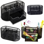 Metal Office Supplies Organizer Container with Drawer, Black