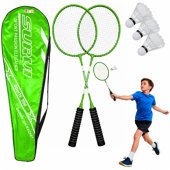 Žalios spalvos badmintono rinkinys: raketės, 3 skraidukai, dėklas