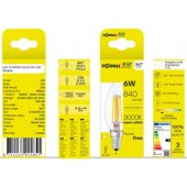 LED kaitrinė lemputė E14, C35, 6W, 840lm, 3000K, 360°
