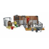 Cow and calf barn with farmer, backdrop (multicolored)