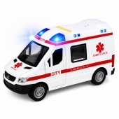 Greitosios pagalbos automobilis su neštuvais, važiuoja, šviesos ir garsai, baltas, 1:10