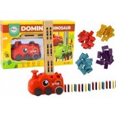 Raudonas dinozauras, baterijomis varomas automobilis, dėliojantis spalvotus domino, 4 spalvos