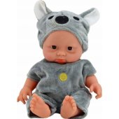 Maža lėlė kūdikis, pilki drabužiai, koalos kepurė