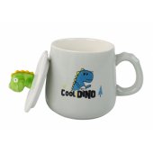 Mėlynas keraminis puodelis su dinozauru, dangtelis, šaukštas, 350ml