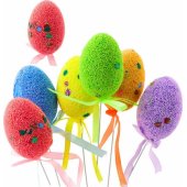 Easter Eggs on Wire Pick Colorful Leaves Ribbon Decoration 6pcs