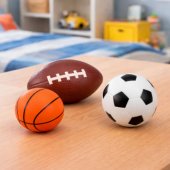 3 putplasčio kamuoliukų rinkinys: futbolo, krepšinio ir regbio kamuoliai, 10 cm