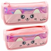 School Pencil Case With Cat Two Pockets Pink 21.5cm
