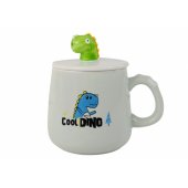 Mėlynas keraminis puodelis su dinozauru, dangtelis, šaukštas, 350ml