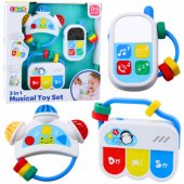 Set of musical toys for toddlers. Telephone, tambourine, keys, sounds,