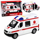 Greitosios pagalbos automobilis su neštuvais, važiuoja, šviesos ir garsai, baltas, 1:10