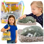 Sleeping Husky Dog on a Pillow Figurine with Fur Bag Sounds