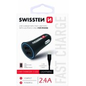 Premium Car charger 12 / 24V / 1A + 2.1A + Lightning Cable Black
