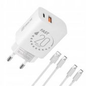 Wall Charger USB-A + USB-C 20W + 2x Cable 1m White