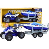 Police Quad with a trailer for transporting a boat and a motorboat