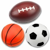 3 putplasčio kamuoliukų rinkinys: futbolo, krepšinio ir regbio kamuoliai, 10 cm