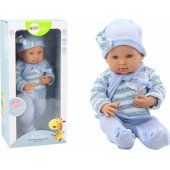 Baby doll, striped sweater, hat, blue scarf