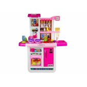 LeanToys rožinė virtuvėlė su vandens puodais, maisto produktais ir garsais