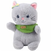 Pliušinis katinas talismanas, pilkas, su žaliu šaliku ir kaspinu, 22 cm