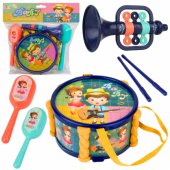 Musikinstrumenten-Set für Kinder: Trommel, Trompete, Rasseln, Stöcke