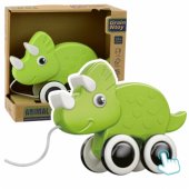Žalias ekologiškas dinozauro žaislas su traukiama virvele ir cypsuku