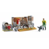 Cow and calf barn with farmer, backdrop (multicolored)