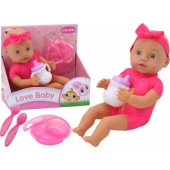Baby doll, pink clothes, headband, feeding accessories